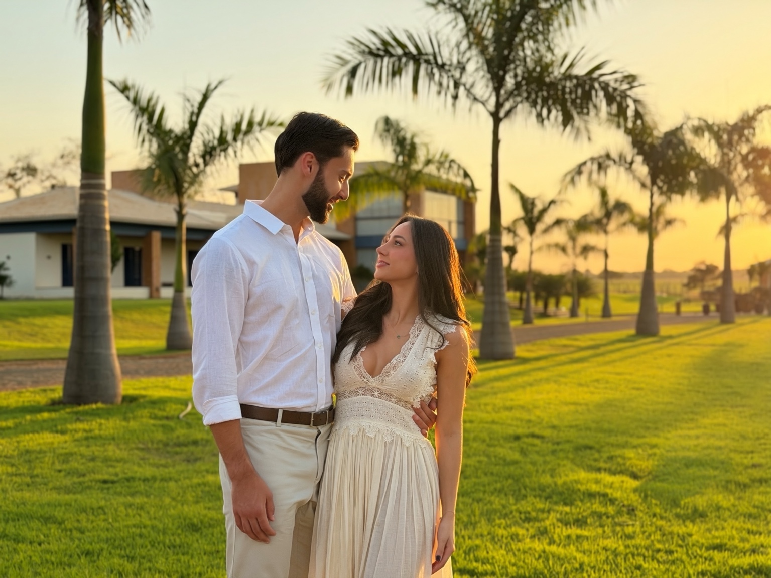 Júlia e Fernando olhando um para o outro ao pôr do sol